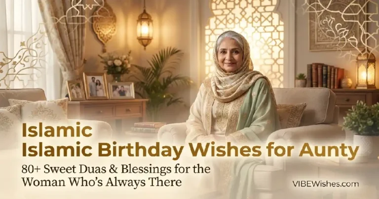 A featured banner showcasing Islamic birthday wishes for aunt with an elegant elderly woman in a traditional hijab.