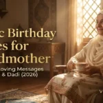A horizontal featured banner for Islamic birthday wishes for grandmother showing an elderly woman holding a teacup.
