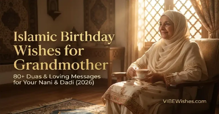 A horizontal featured banner for Islamic birthday wishes for grandmother showing an elderly woman holding a teacup.