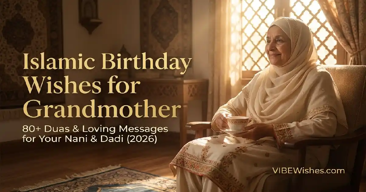 A horizontal featured banner for Islamic birthday wishes for grandmother showing an elderly woman holding a teacup.