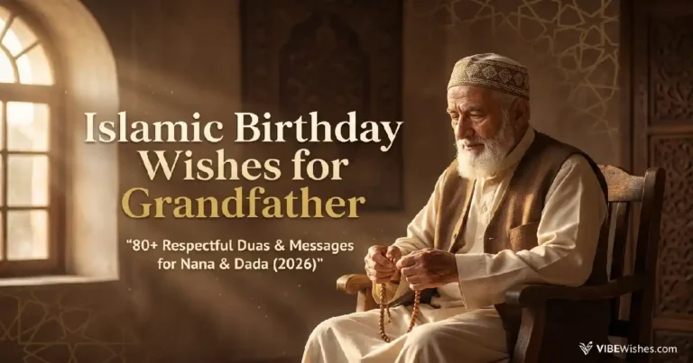 An elegant featured banner showcasing Islamic birthday wishes for grandfather with a smiling elderly man holding a rosary.