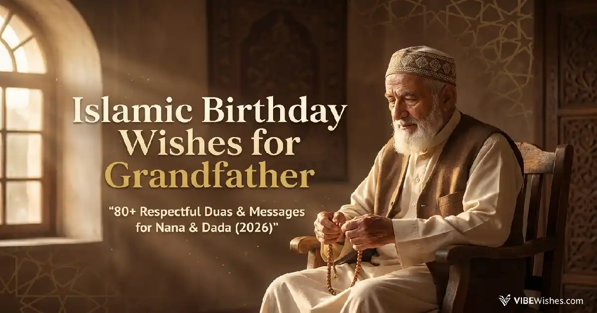 An elegant featured banner showcasing Islamic birthday wishes for grandfather with a smiling elderly man holding a rosary.