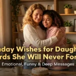 A mother hugging her teenage daughter tightly in a sunlit dining room near a birthday cake, featuring the text Birthday Wishes for Daughter Words She Will Never Forget.
