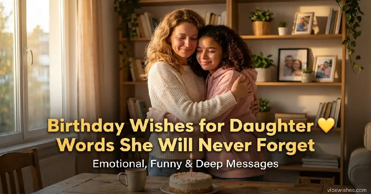 A mother hugging her teenage daughter tightly in a sunlit dining room near a birthday cake, featuring the text Birthday Wishes for Daughter Words She Will Never Forget.