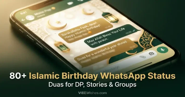 An elegant featured banner showcasing options for an Islamic birthday WhatsApp status with a serene elderly woman.