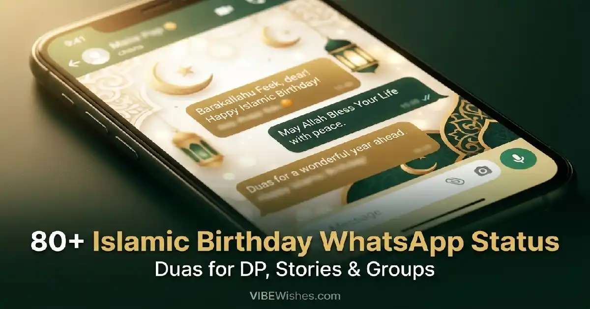 An elegant featured banner showcasing options for an Islamic birthday WhatsApp status with a serene elderly woman.