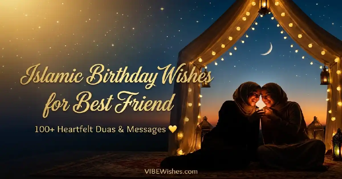 A featured banner highlighting Islamic birthday wishes for best friend with a smiling woman wearing a hijab.