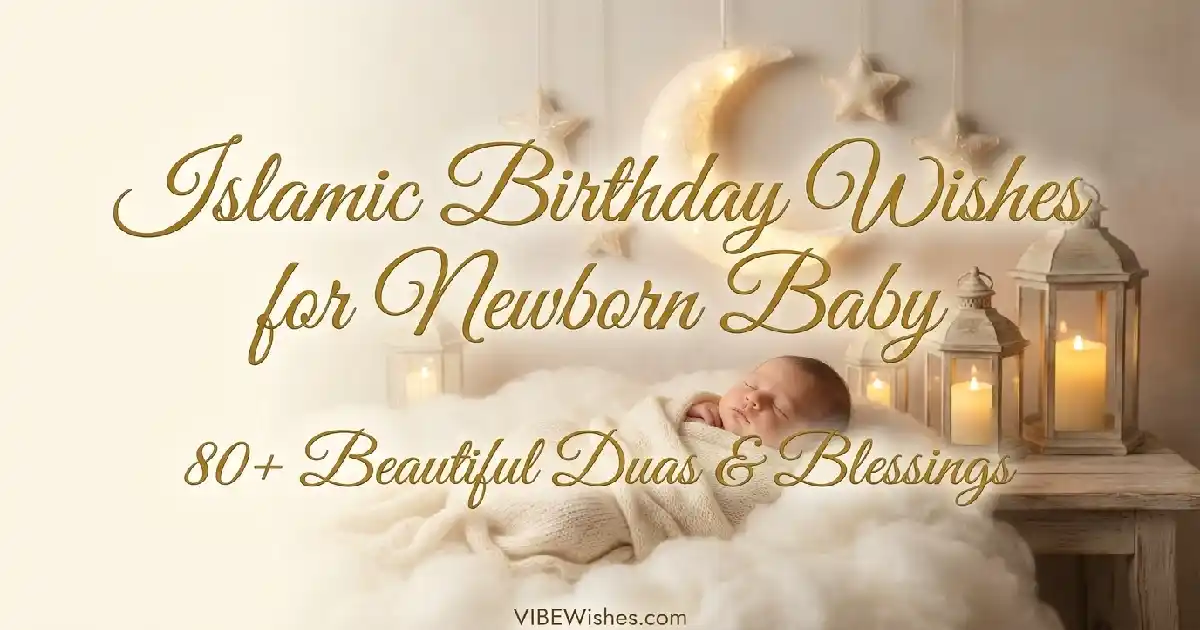 A sleeping newborn baby surrounded by clouds, crescent moon, stars, and lanterns, serving as the main featured image for Islamic birthday wishes for newborn baby.