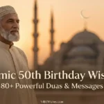 An elegant golden graphic template celebrating a milestone half-century, serving as the main featured image for Islamic 50th birthday wishes.