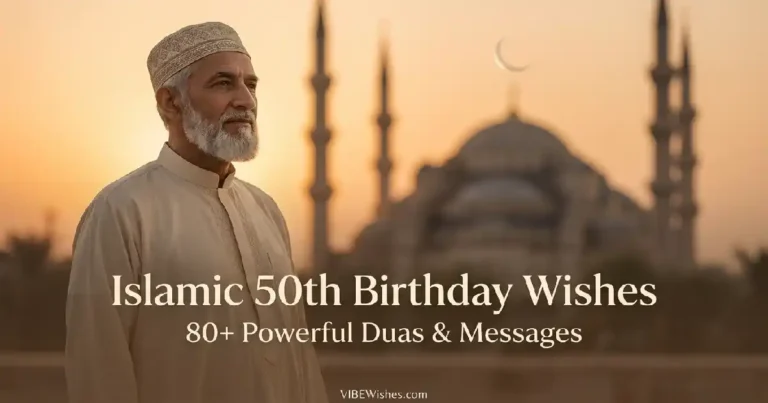 An elegant golden graphic template celebrating a milestone half-century, serving as the main featured image for Islamic 50th birthday wishes.