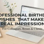 An open silver laptop on a clean wooden desk showing a draft email with the subject Birthday Wishes, with bold text reading Professional Birthday Wishes That Make a Real Impression.