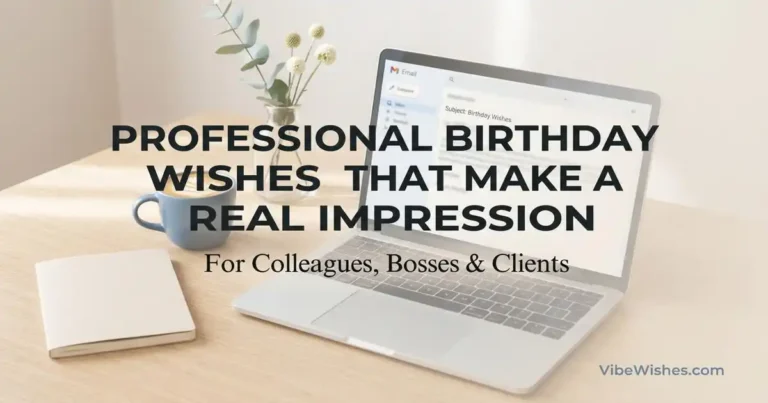 An open silver laptop on a clean wooden desk showing a draft email with the subject Birthday Wishes, with bold text reading Professional Birthday Wishes That Make a Real Impression.