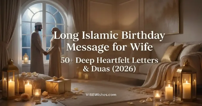 An elegant golden graphic template with a crescent moon and stars, serving as the main featured banner for a long Islamic birthday message for wife.