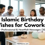 An elegant golden graphic template featuring a crescent moon and hanging lanterns, serving as the main featured banner for Islamic birthday wishes for coworker.