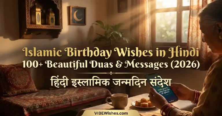 An elegant golden graphic banner featuring a crescent moon and hanging lanterns, serving as the main featured image for Islamic birthday wishes in Hindi.