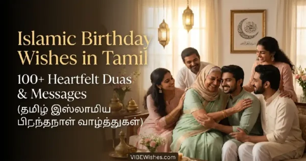 A happy Tamil Muslim family celebrating together indoors, serving as the main featured image for Islamic birthday wishes in Tamil.