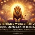 A royal lion wearing a golden crown sitting under a bright sun banner for Leo birthday wishes.