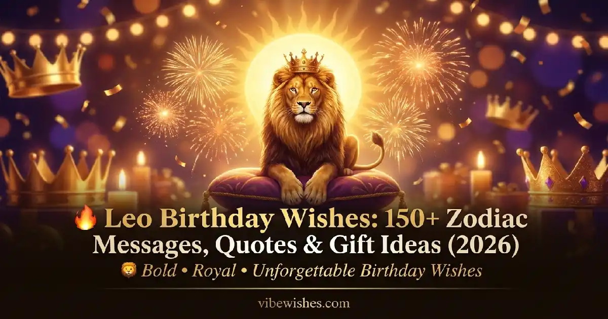 A royal lion wearing a golden crown sitting under a bright sun banner for Leo birthday wishes.
