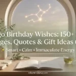 An open notebook on a study table next to a window showing the glowing Virgo constellation for Virgo birthday wishes.