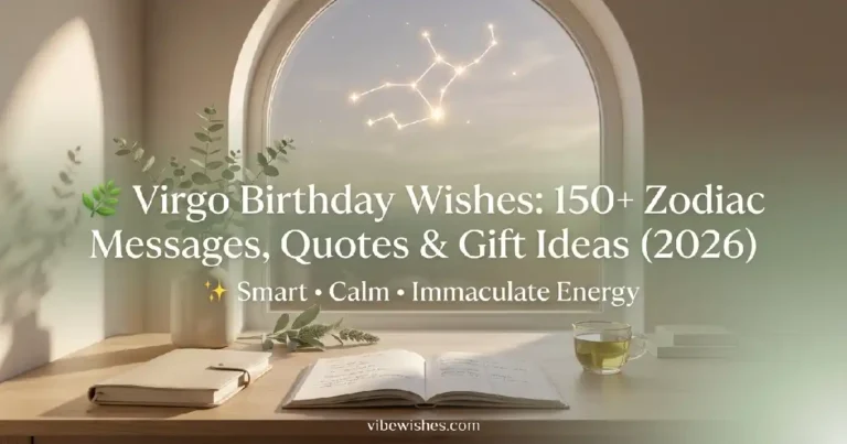 An open notebook on a study table next to a window showing the glowing Virgo constellation for Virgo birthday wishes.