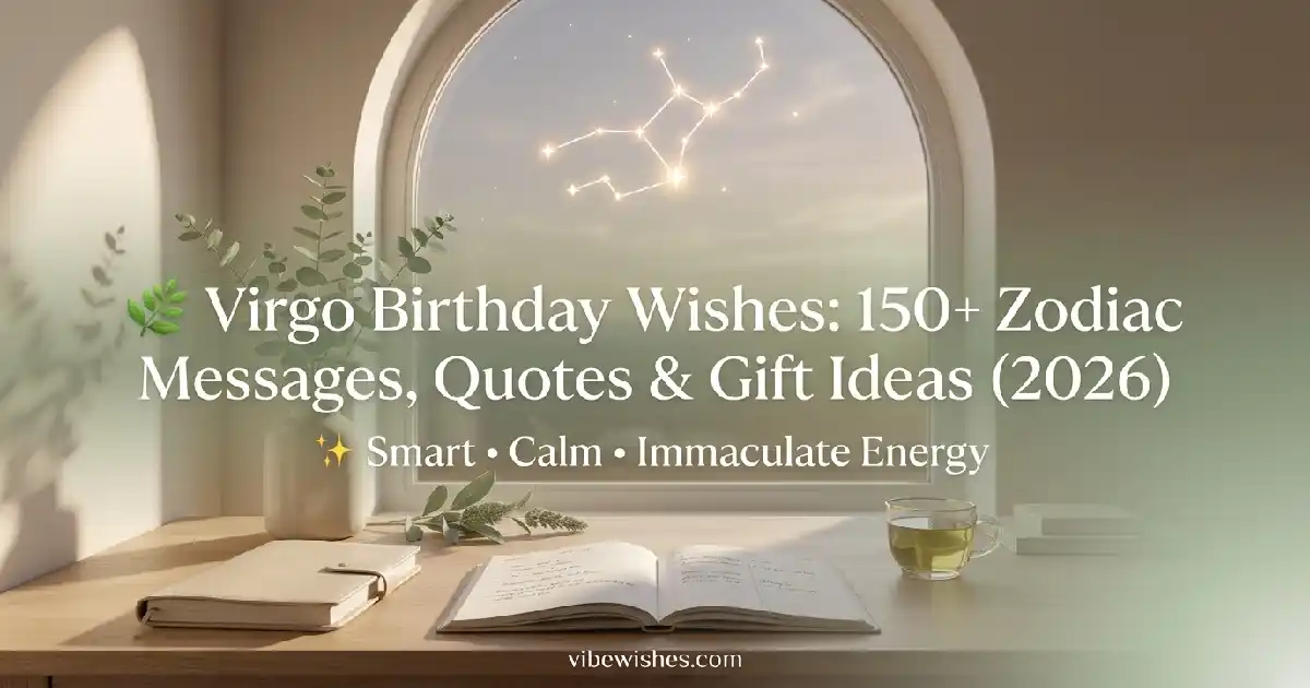 An open notebook on a study table next to a window showing the glowing Virgo constellation for Virgo birthday wishes.