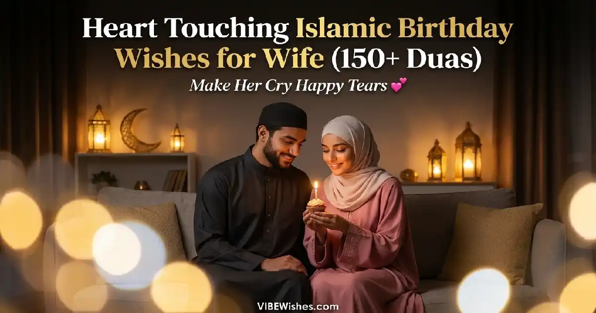 A happy Muslim couple sitting on a living room couch as the husband presents a birthday cupcake with a burning candle, featuring text overlay Heart Touching Islamic Birthday Wishes for Wife (150+ Duas) Make Her Cry Happy Tears.