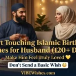 A beautiful banner featuring a Muslim couple celebrating with text reading heart touching Islamic birthday wishes for husband 120 plus duas by VIBEWishes.