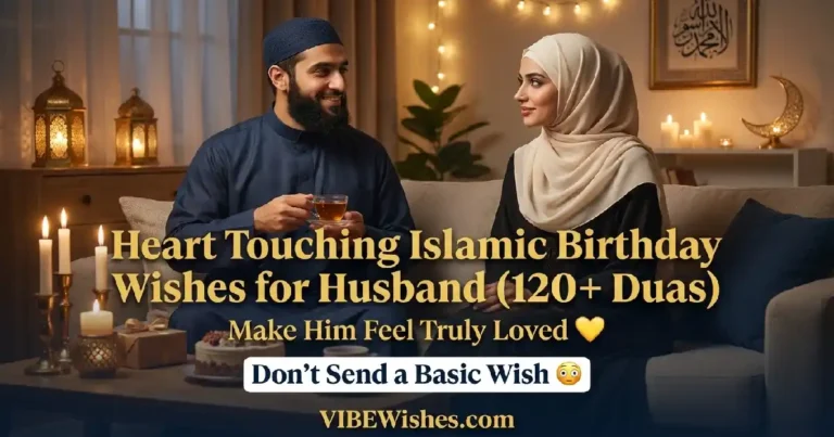 A beautiful banner featuring a Muslim couple celebrating with text reading heart touching Islamic birthday wishes for husband 120 plus duas by VIBEWishes.