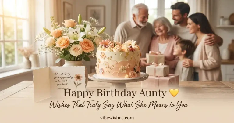 A beautiful floral birthday cake and greeting card on a wooden table with a family celebrating in the background, featuring the text Happy Birthday Aunty.