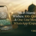 A smartphone displaying a WhatsApp text message with short Islamic birthday wishes and a mosque background silhouette.