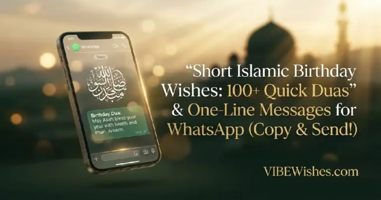 A smartphone displaying a WhatsApp text message with short Islamic birthday wishes and a mosque background silhouette.