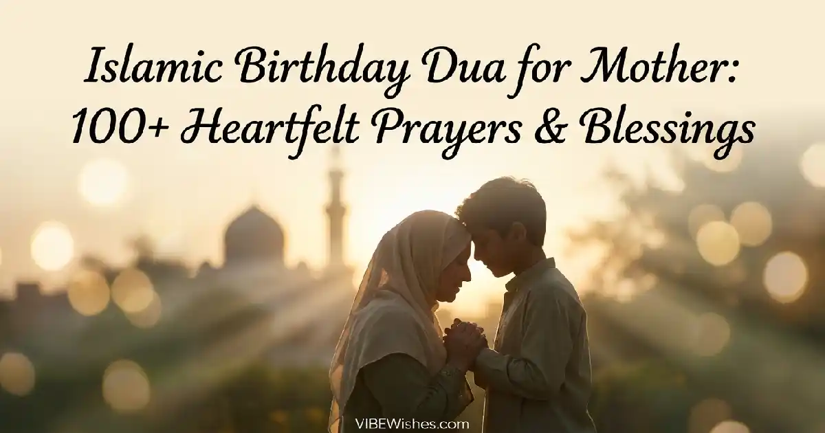 Islamic birthday dua for mother featured banner showing a son standing with his mother in front of a mosque silhouette at sunset.