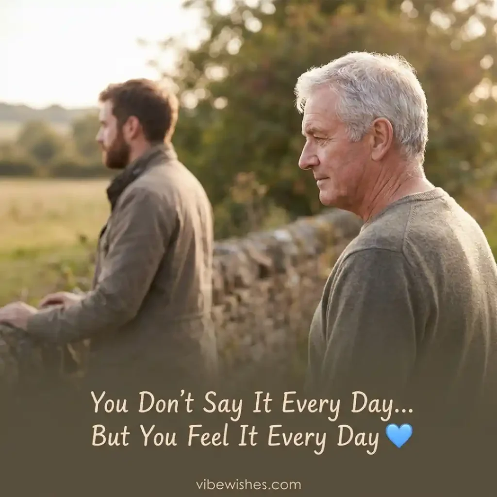 An older father and his adult son standing outside by a stone wall looking out over a field, with a caption that says You Don't Say It Every Day... But You Feel It Every Day.