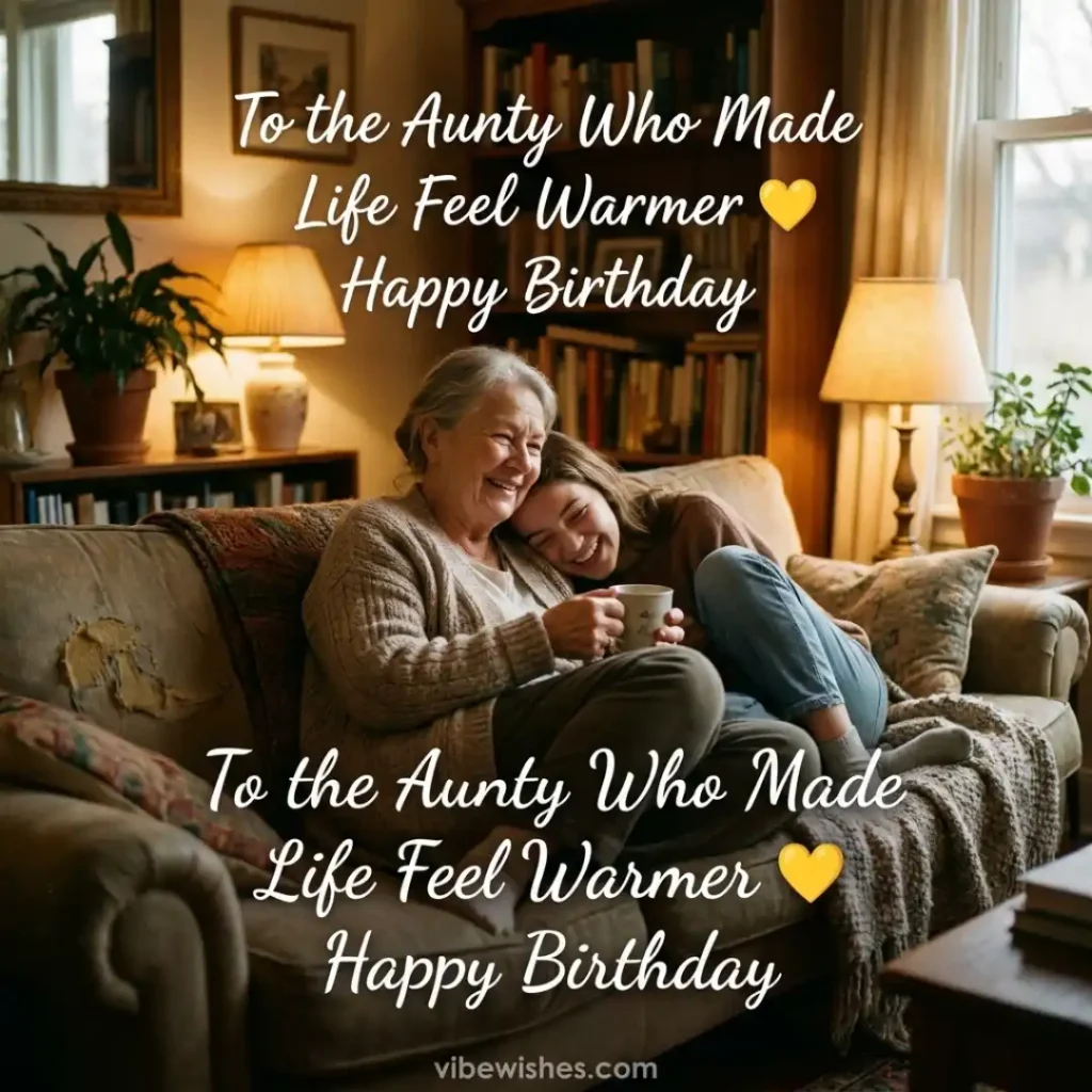 A cozy indoor scene of a young woman hugging her smiling aunt on a sofa, with the quote To the Aunty Who Made Life Feel Warmer Happy Birthday.