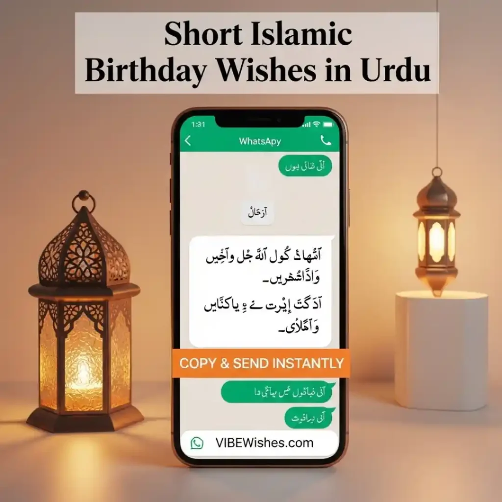 Short Islamic Birthday Wishes in Urdu displayed inside a smartphone chat screen mockup next to an Arabic lantern.