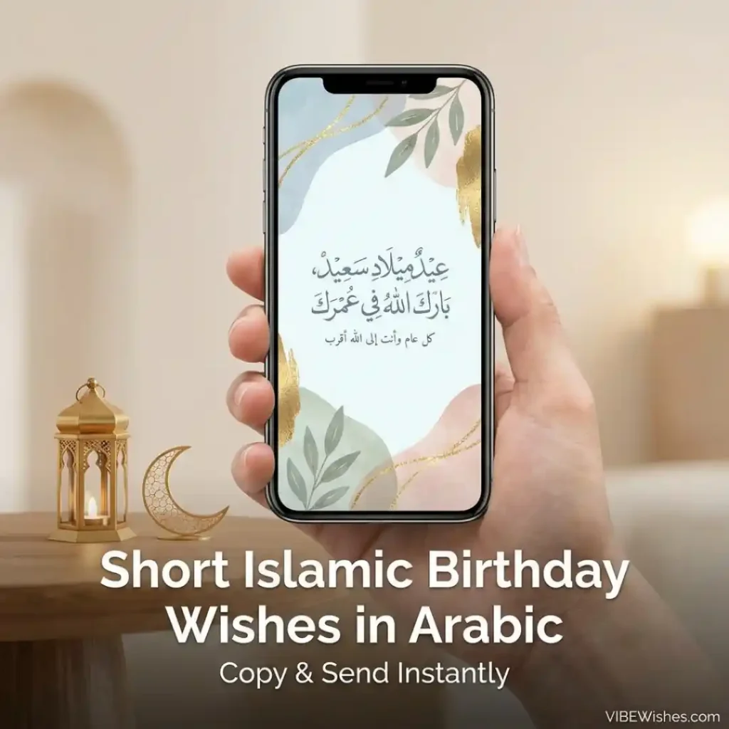 Short Islamic birthday wish in Arabic with elegant floral design displayed on a mobile phone screen mockup.