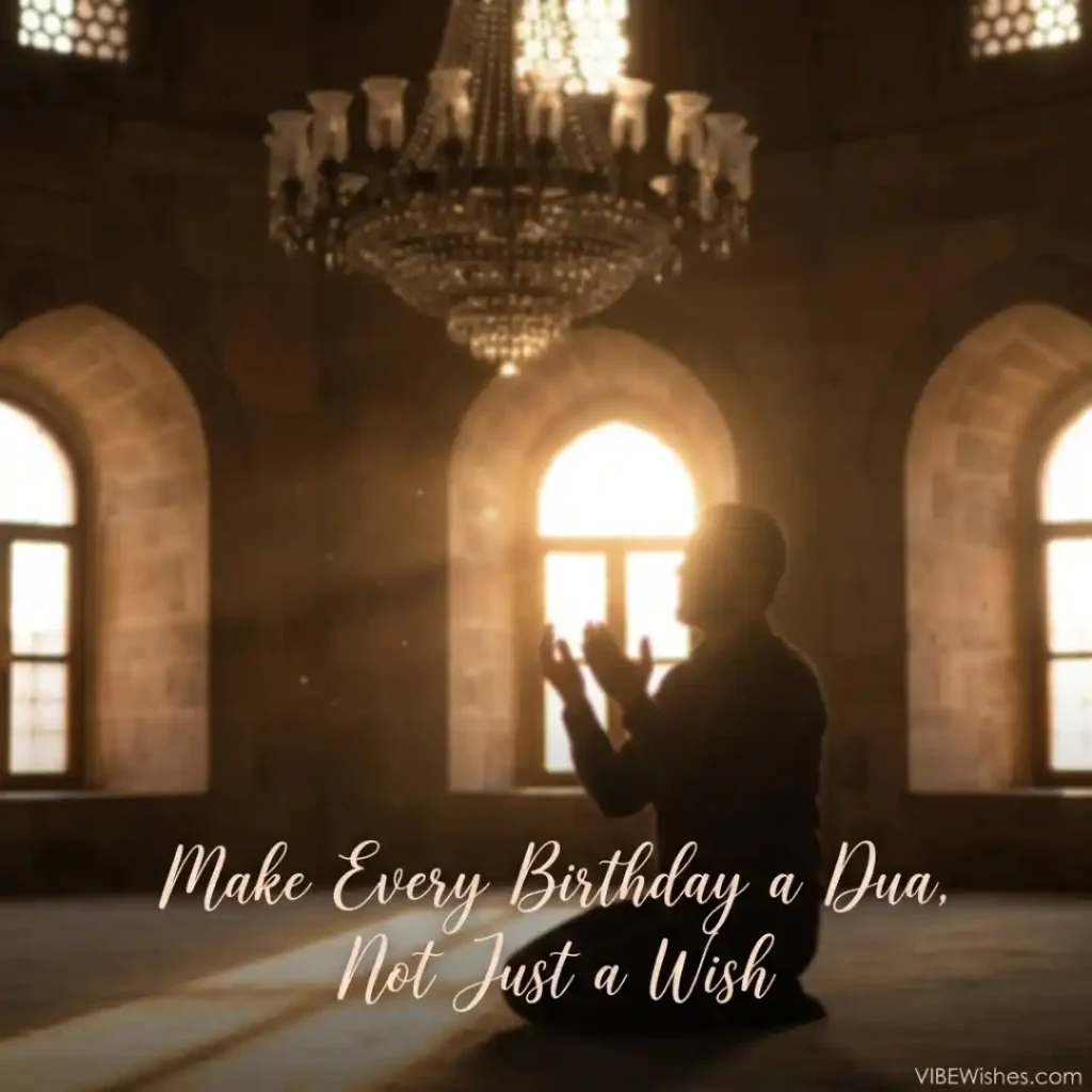 Silhouette of a man sitting in a mosque making an Islamic birthday dua.