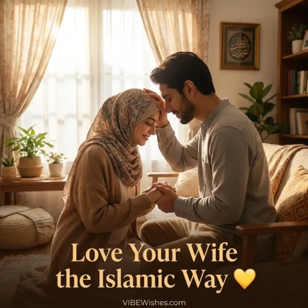 A husband kissing his wife's forehead in a sunlit living room showing a romantic Islamic birthday wish for wife style connection.