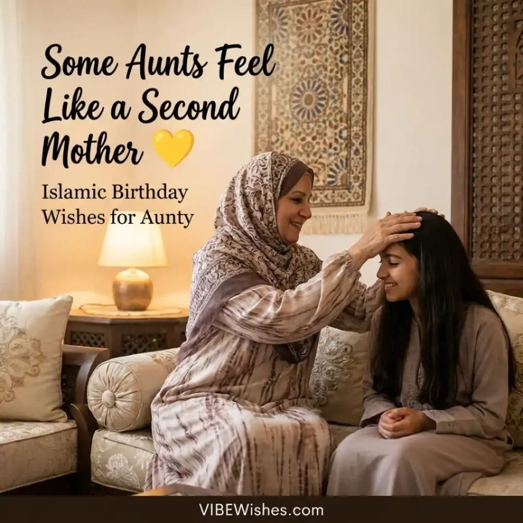 An affectionate moment illustrating Islamic birthday wishes for aunt as a second mother blessing her niece.