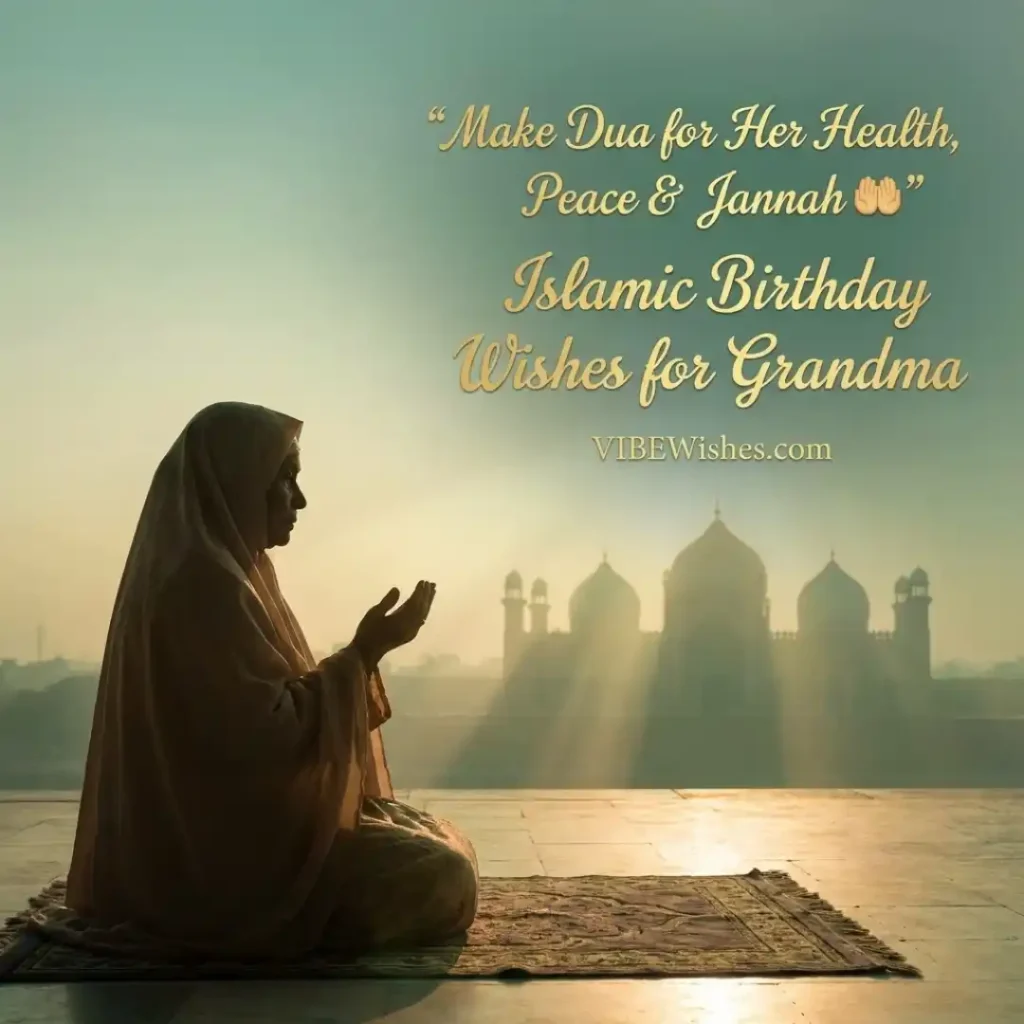 A spiritual landscape backdrop highlighting Islamic birthday wishes for grandmother with a woman making a dua on a prayer mat.