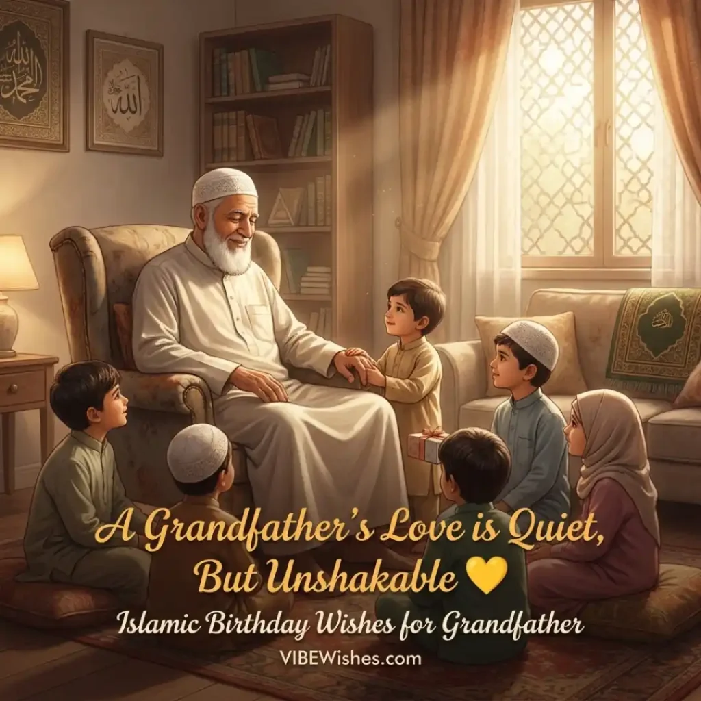 A beautiful spiritual silhouette image matching Islamic birthday wishes for grandfather as an elder makes a dua.