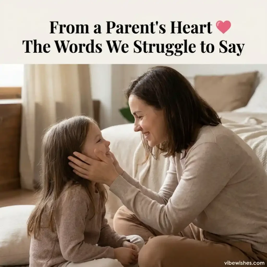 A mother sitting on a bedroom floor smiling warmly and holding her young daughter's face, titled From a Parent's Heart The Words We Struggle to Say.