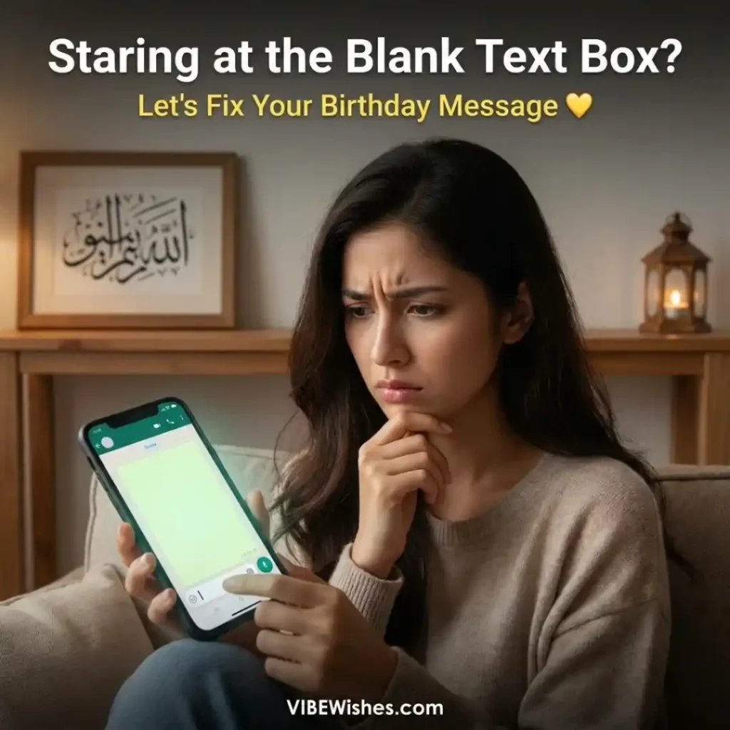 A heartwarming square image for an Islamic birthday WhatsApp status showing an aunt blessing her niece.