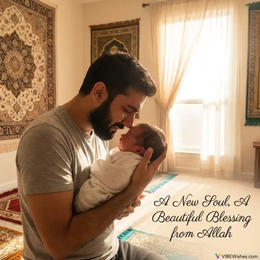A loving father cradling his infant child in a prayer room setting, perfect for sharing Islamic birthday wishes for newborn baby.