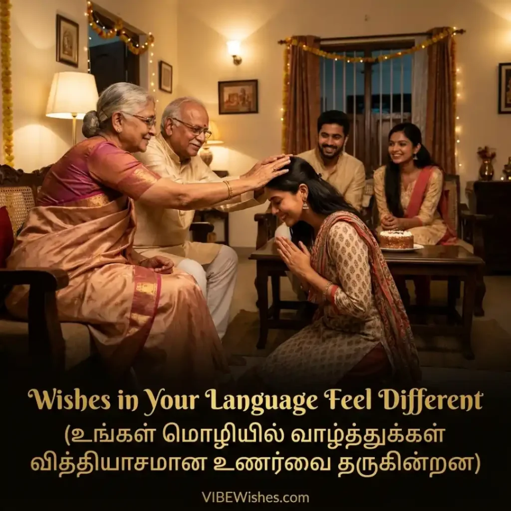 Elderly parents blessing a kneeling young woman during a birthday celebration, illustrating how Islamic birthday wishes in Tamil touch the heart.