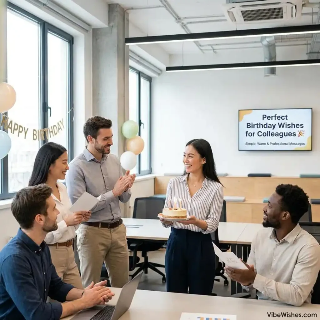 A group of diverse coworkers clapping and smiling in a modern office space while a colleague holds a birthday cake, next to a screen displaying Perfect Birthday Wishes for Colleagues.
