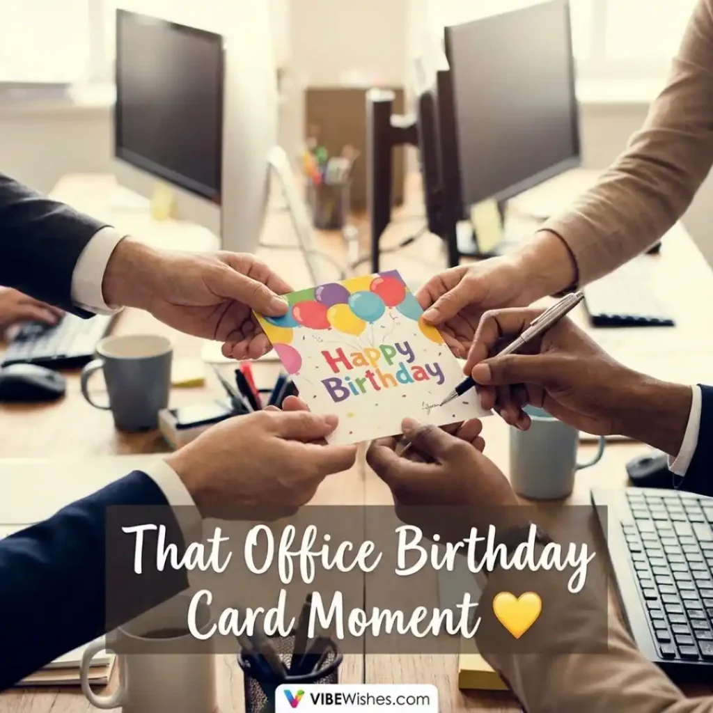 A young professional smiling while working at a desk in a modern corporate office, ideal for accompanying Islamic birthday wishes for coworker.