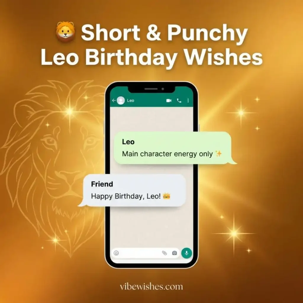 A smartphone displaying a WhatsApp text chat with short and punchy Leo birthday wishes.