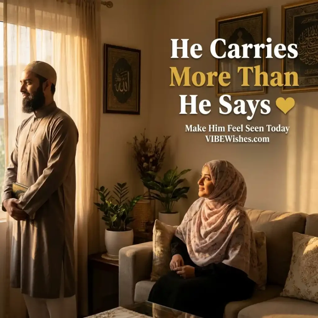 An elegant Muslim couple in a sunlit room illustrating deep emotional and heart touching Islamic birthday wishes for husband.