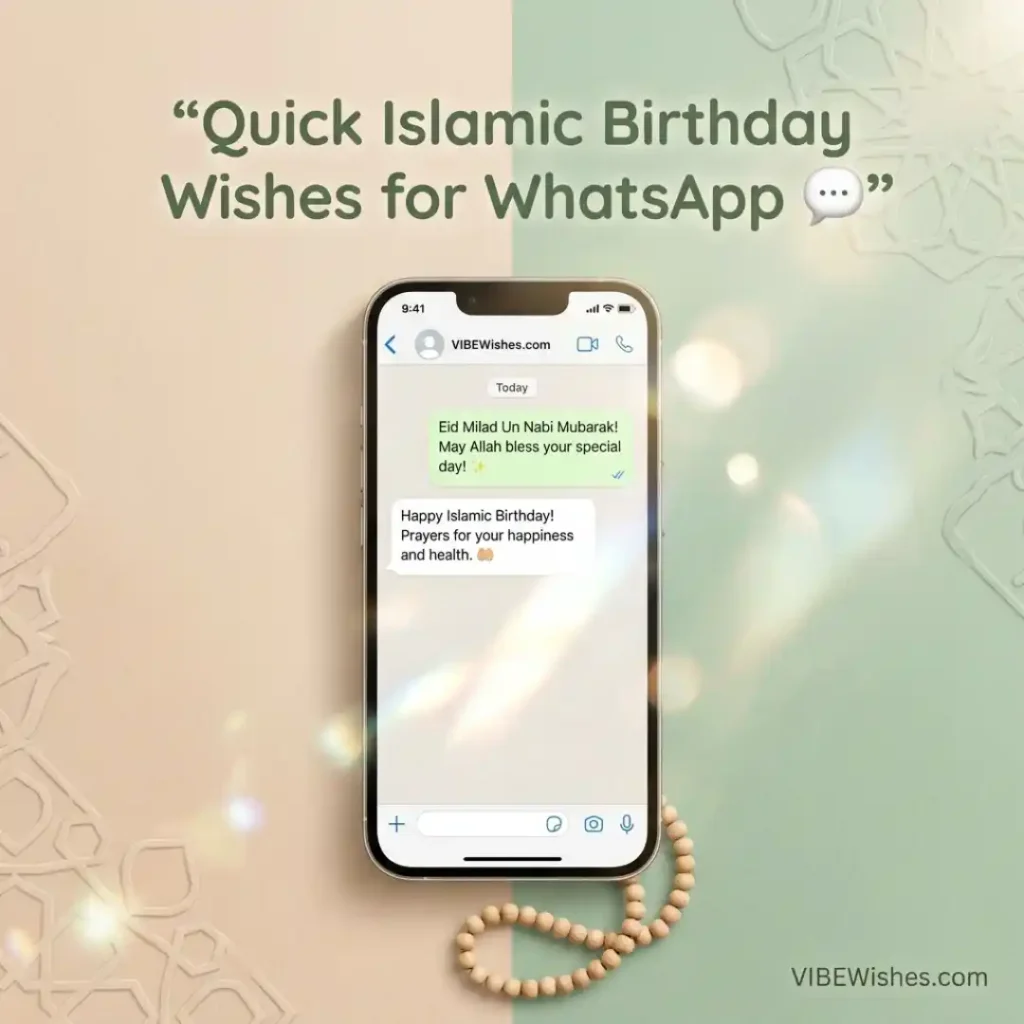 A smartphone showing a chat screen on a split pastel background perfect for sending short Islamic birthday wishes.